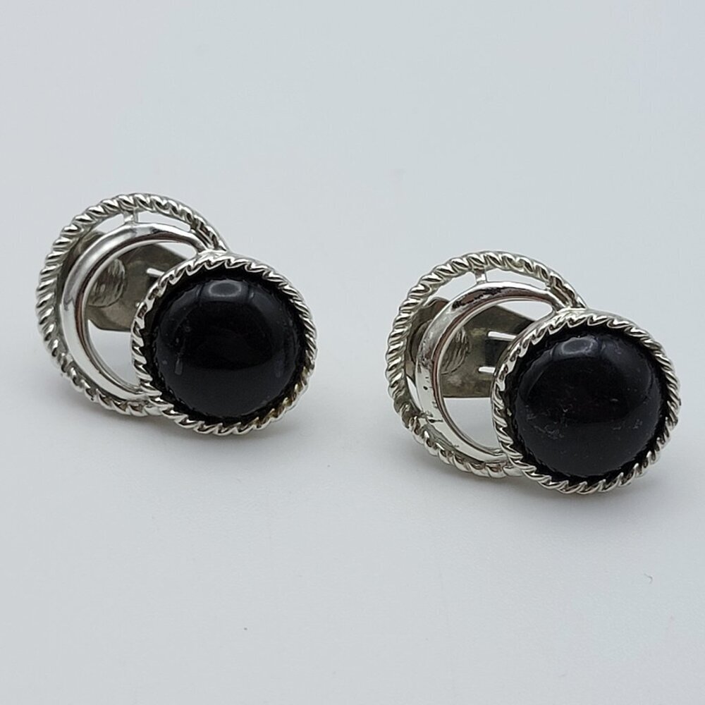 Vtg. Sarah Coventry Modernist Silver Tone Black Lucite Stud Earrings Clip On 1" - Picture 2 of 8